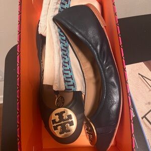 Tory Burch Ink Navy Flats with Signature Medallion